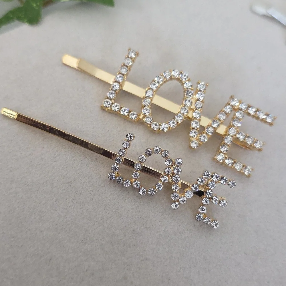 Rhinestone LOVE Bobby Pins In Gold And Silver
